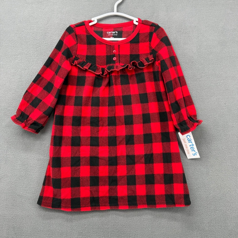 Carters Red Black Buffalo Plaid Fleece Dress 18m Long Sleeve Ruffled